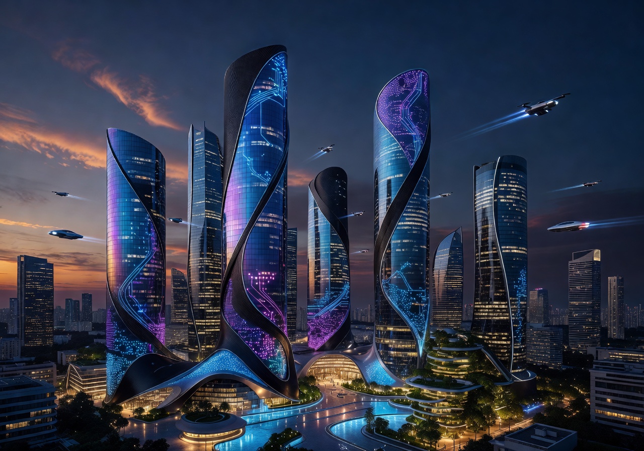 Futuristic smart city skyline at night