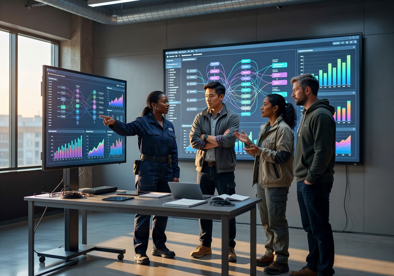 Team collaborating with automation dashboard on screen